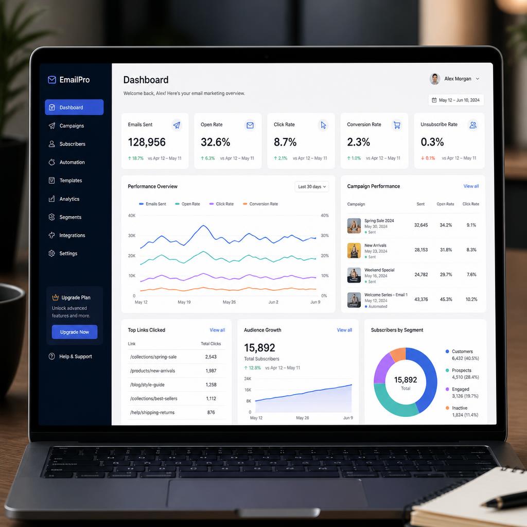 Email marketing strategy dashboard with campaign analytics and performance metrics displayed on a modern laptop screen