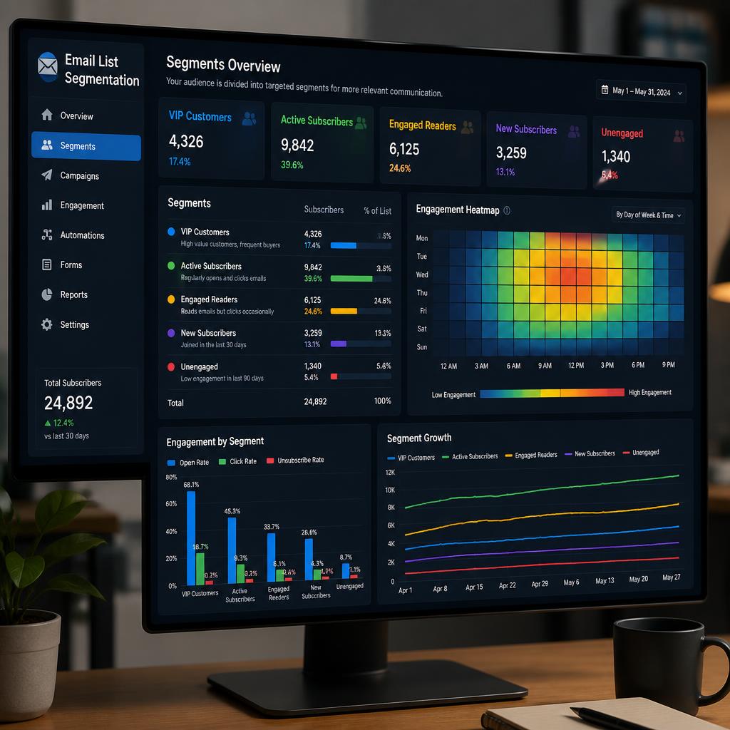 Data visualization showing email list segmentation with color-coded subscriber groups and engagement heatmaps on a large monitor